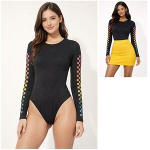 Nwt Rue21 Bodysuit w/ Rainbow Racing Gradient Checkered Sleeves Strip Black